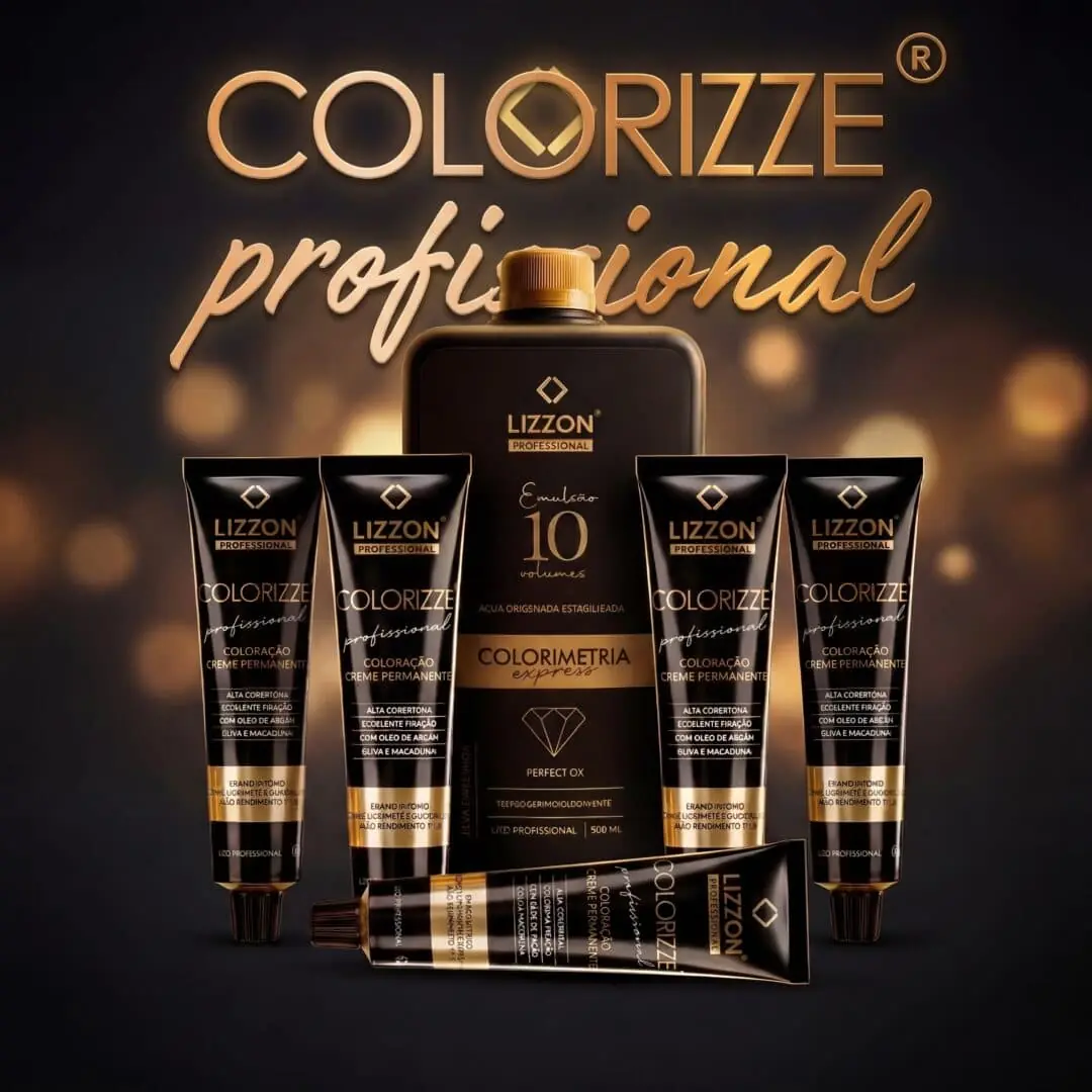 Um conjunto de Colorizze: Coloração Creme Permanente (combo 5 unidades) + OX Emulsão 20vol 900ml é mostrado em um fundo escuro, com cinco tubos de cores e um grande frasco dourado e preto com o logotipo da marca.