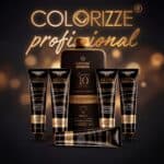 Um conjunto de Colorizze: Coloração Creme Permanente (combo 5 unidades) + OX Emulsão 20vol 900ml é mostrado em um fundo escuro, com cinco tubos de cores e um grande frasco dourado e preto com o logotipo da marca.