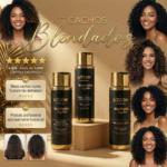 Imagem promocional do kit cachos blindados (homecare) mostra quatro produtos de cuidados com os cabelos e quatro mulheres com cachos definidos. Apresenta avaliações de clientes, uma classificação de 4,9/5 e texto dourado em um fundo bege.