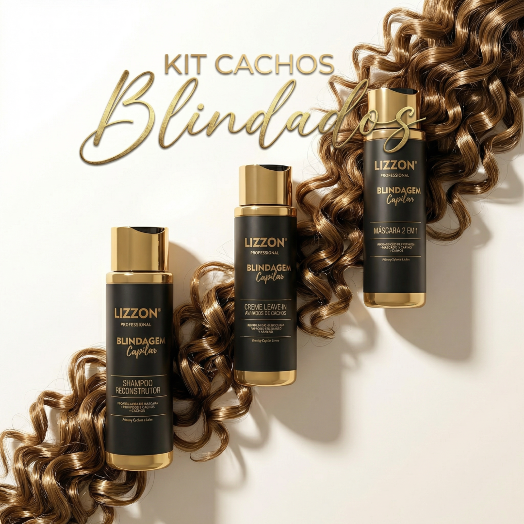Três produtos Lizzon kit cachos blindados (cuidados domiciliares) em frascos dourados e pretos são exibidos com extensões de cabelo castanho ondulado em um fundo bege. O texto diz 