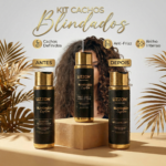 Imagem promocional do Kit Cachos Blindados (Homecare) da Lizzon, apresentando três produtos para cabelos rotulados como Antes e Depois diante de uma mulher com cabelos cacheados. Os ícones destacam cachos definidos, antifrizz e brilho intenso.