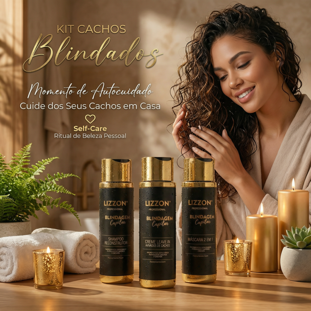 Uma mulher de cabelos cacheados está sentada em uma mesa de madeira com velas acesas, uma toalha e vasos de plantas. À sua frente, há três frascos pretos e dourados de produtos para cabelos cacheados do kit cachos blindados (cuidados domésticos).