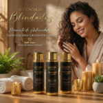 Uma mulher de cabelos cacheados está sentada em uma mesa de madeira com velas acesas, uma toalha e vasos de plantas. À sua frente, há três frascos pretos e dourados de produtos para cabelos cacheados do kit cachos blindados (cuidados domésticos).