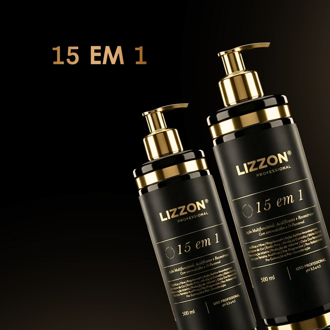 Dois frascos pretos e dourados com o rótulo Lizzon Professional 15 em 1 são mostrados em um fundo escuro gradiente, com o texto 15 EM 1 exibido em letras grandes acima dos frascos.