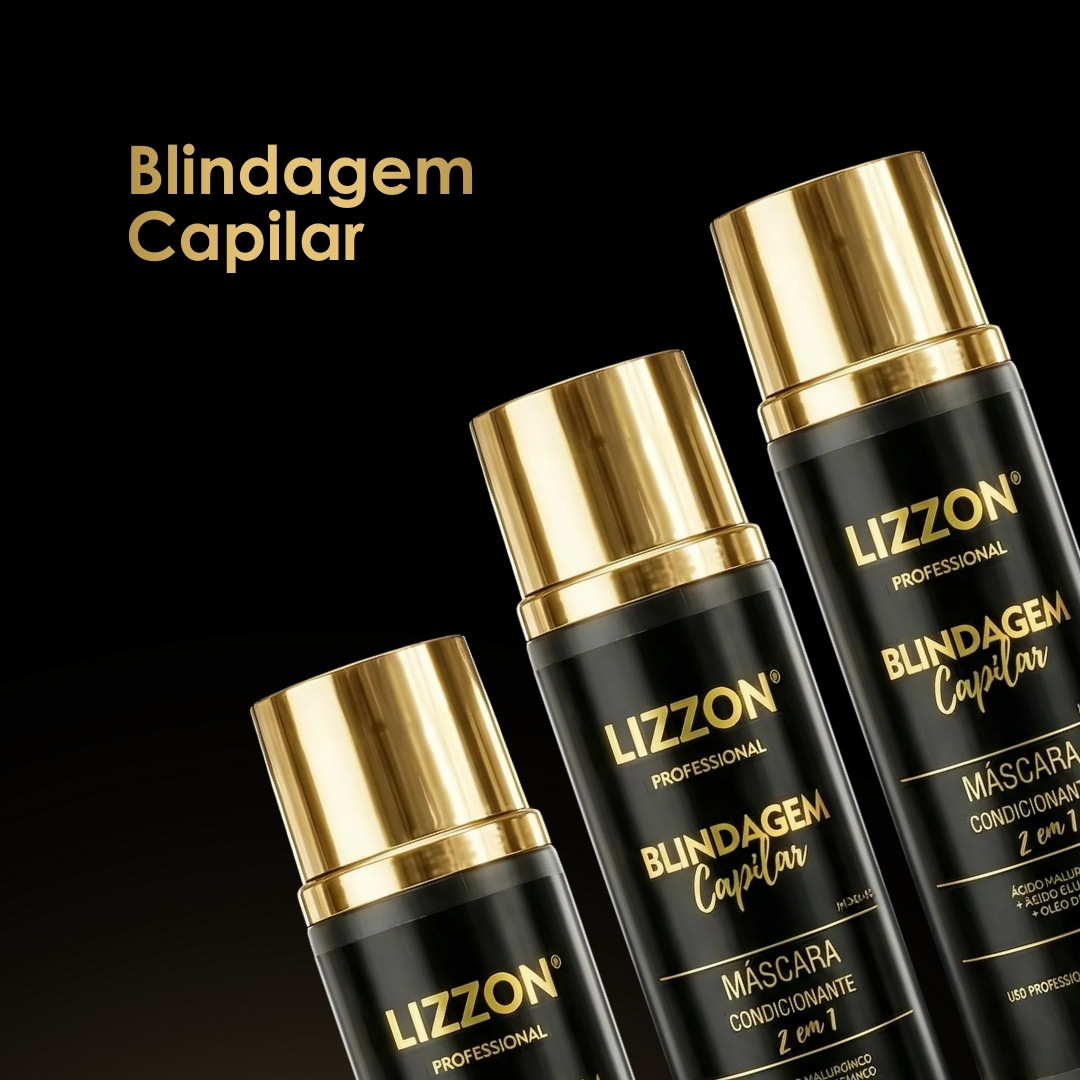 Três frascos pretos com tampas douradas rotulados como Lizzon Professional Blindagem Capilar Máscara Condicionante 2 em 1 são exibidos em um fundo preto, com as palavras Blindagem Capilar escritas em texto dourado acima.
