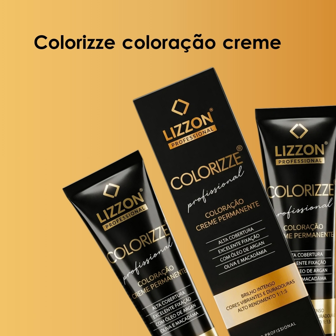 Três produtos de tintura de cabelo da Lizzon Professional rotulados como Colorizze coloração creme são exibidos em um fundo amarelo. A embalagem destaca características como cor permanente, alta cobertura e conteúdo de óleo de argan.