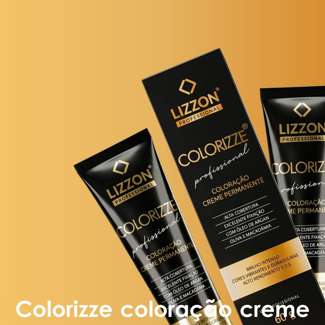 Três caixas e tubos pretos e dourados da tintura de cabelo Lizzon Professional Colorizze Coloração Creme Permanente são mostrados em um fundo amarelo. O produto afirma ter alta cobertura e inclui ingredientes como óleos de argan, oliva e macadâmia.