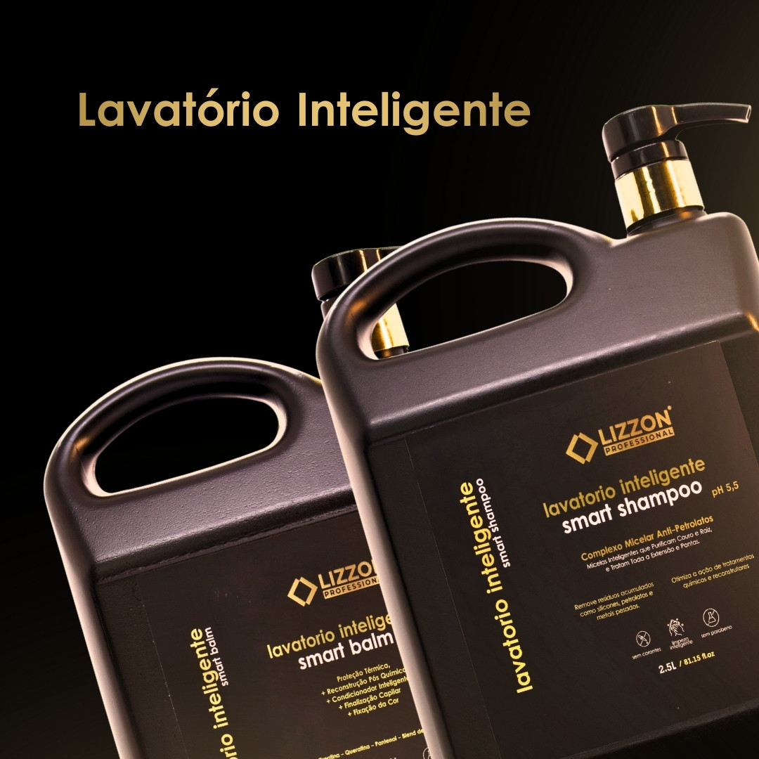 Dois frascos pretos com bombas douradas rotulados como Lizzon Lavatório Inteligente Smart Shampoo e Smart Balm são mostrados contra um fundo marrom gradiente com o texto Lavatório Inteligente na parte superior.