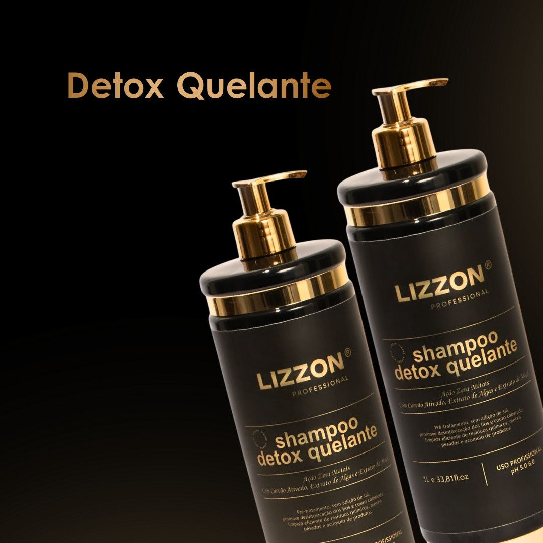 Dois frascos pretos com bombas douradas rotulados como Lizzon Professional Shampoo Detox Quelante são exibidos em um fundo escuro com o texto Detox Quelante acima deles.