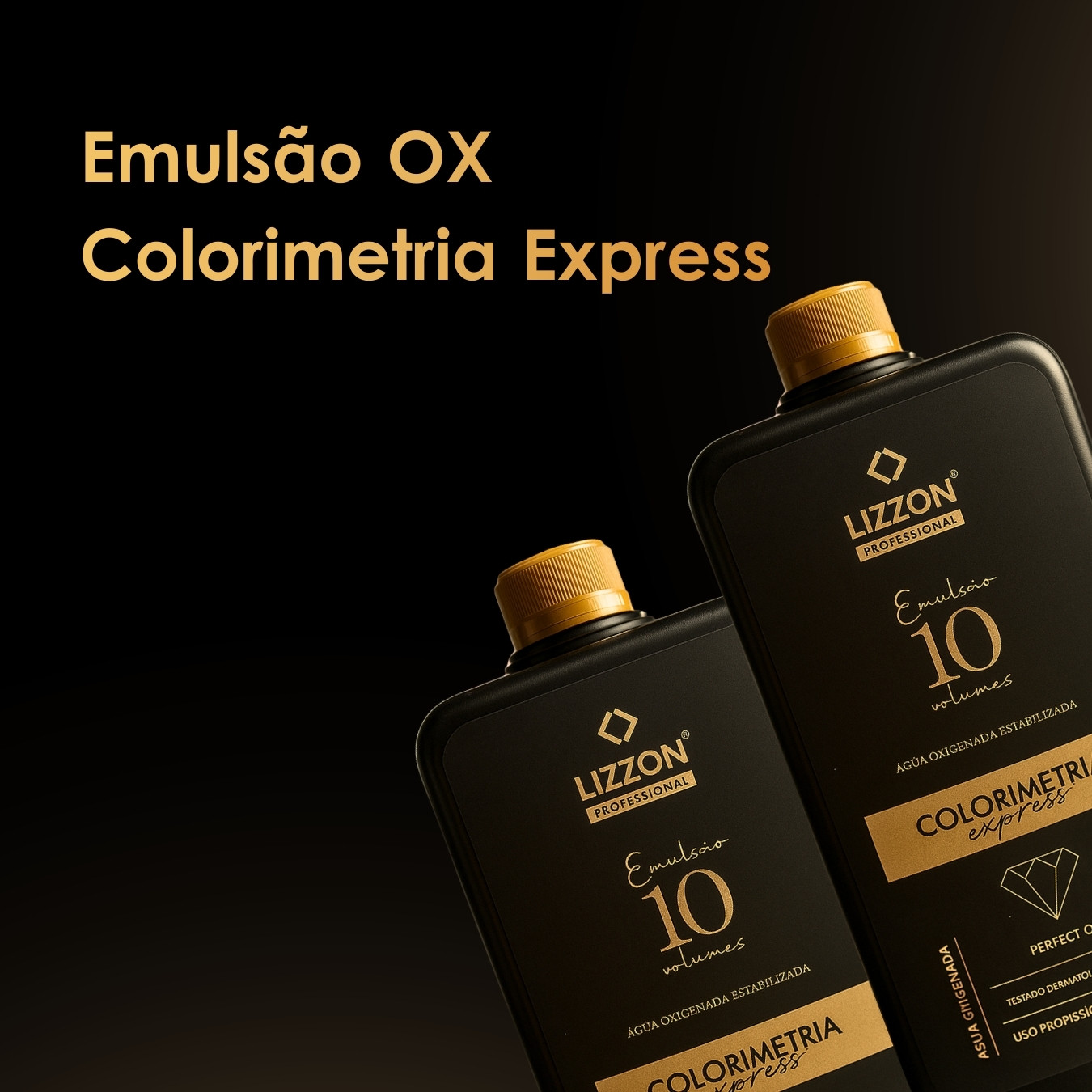 Dois frascos pretos de Lizzon Professional Emulsão OX Colorimetria Express com tampas douradas são exibidos em um fundo marrom gradiente. O texto na imagem destaca o nome do produto e a marca.