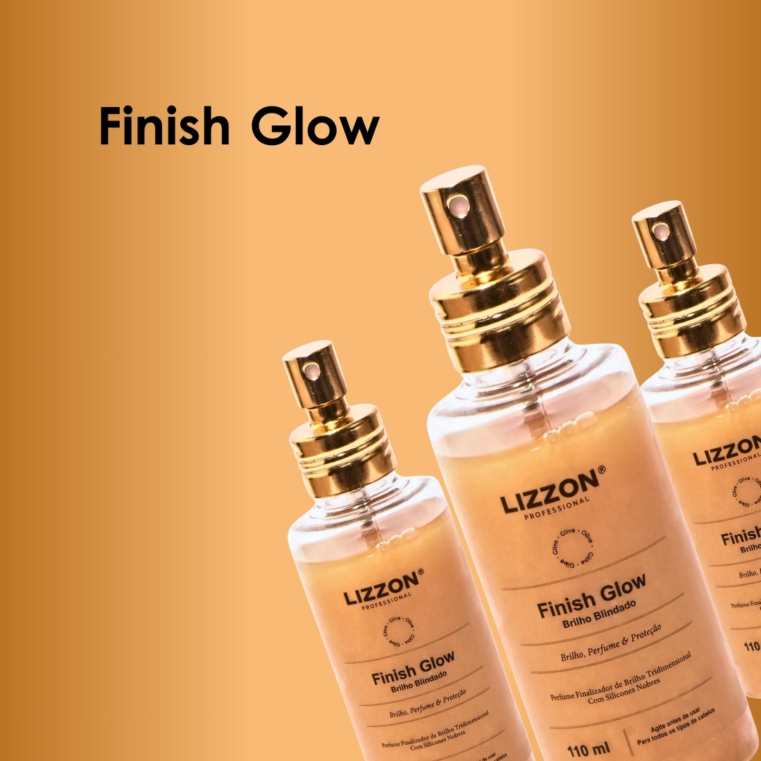 Três frascos do spray Lizzon Professional Finish Glow com bombas douradas estão dispostos em um fundo dourado em degradê. O rótulo indica que o produto é para brilho, perfume e proteção; o texto diz "Finish Glow".