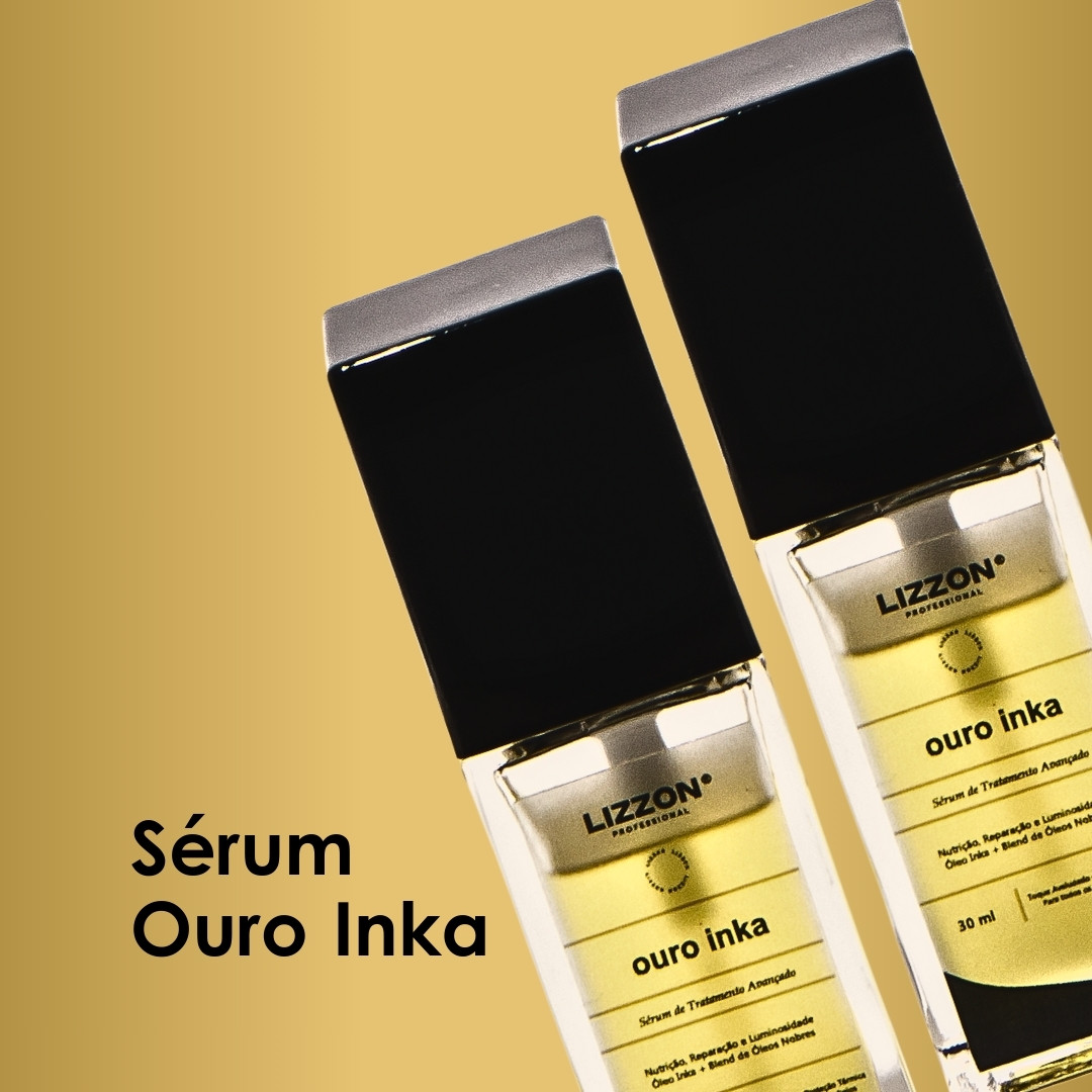 Dois frascos de Lizzon Professional Sérum Ouro Inka com tampas pretas e rótulos dourados são exibidos na diagonal em um fundo amarelo. O texto "Sérum Ouro Inka" aparece no lado esquerdo.