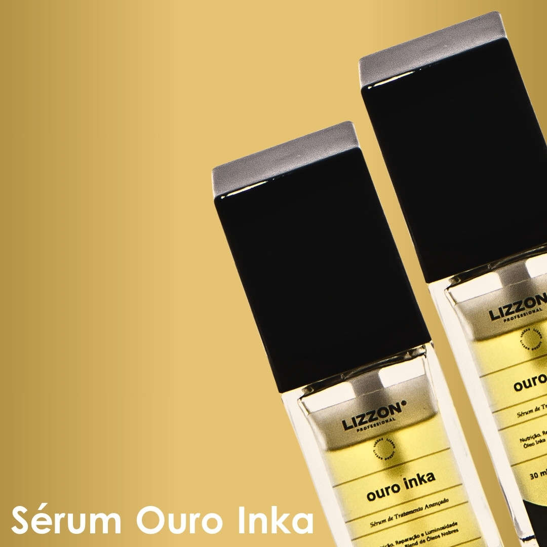 Dois frascos do Lizzon Professional Sérum Ouro Inka com tampas pretas e rótulos amarelos são exibidos na diagonal em um fundo gradiente dourado. O nome do produto está escrito em branco no canto inferior esquerdo.