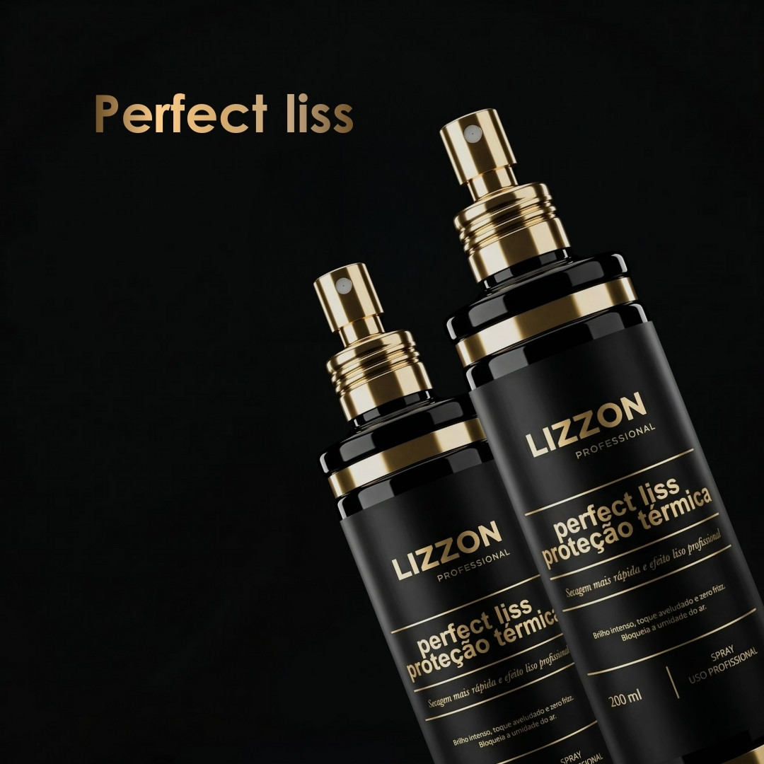 Dois frascos de spray preto e dourado com o rótulo Lizzon Professional Perfect Liss Proteção Térmica são exibidos em um fundo preto, com as palavras Perfect liss escritas no canto superior esquerdo.