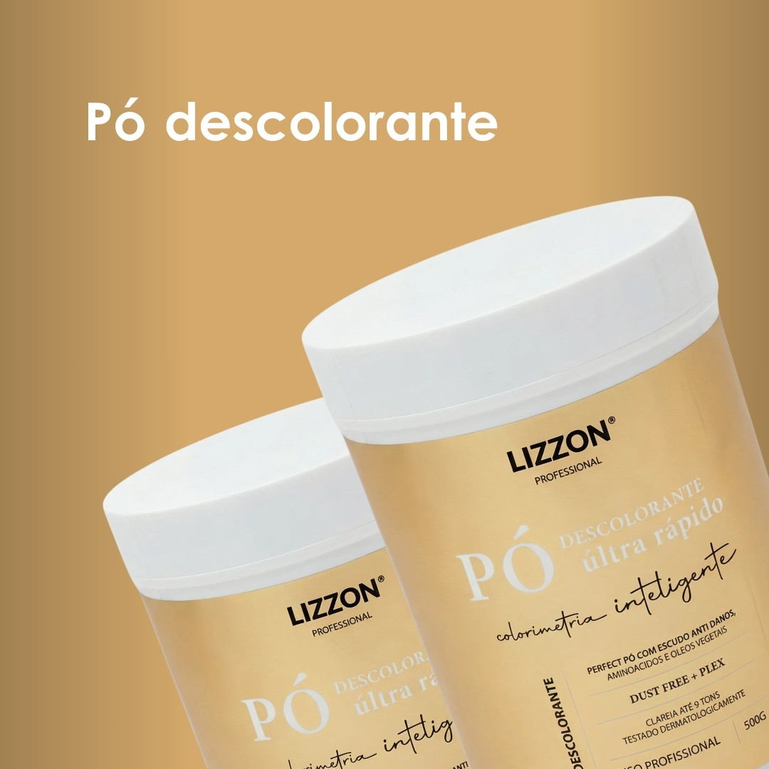 Dois recipientes de Lizzon Professional Pó Descolorante são mostrados em um fundo gradiente bege. Os recipientes têm tampas brancas e rótulos dourados com informações sobre o produto em português. O texto acima diz Pó descolorante.