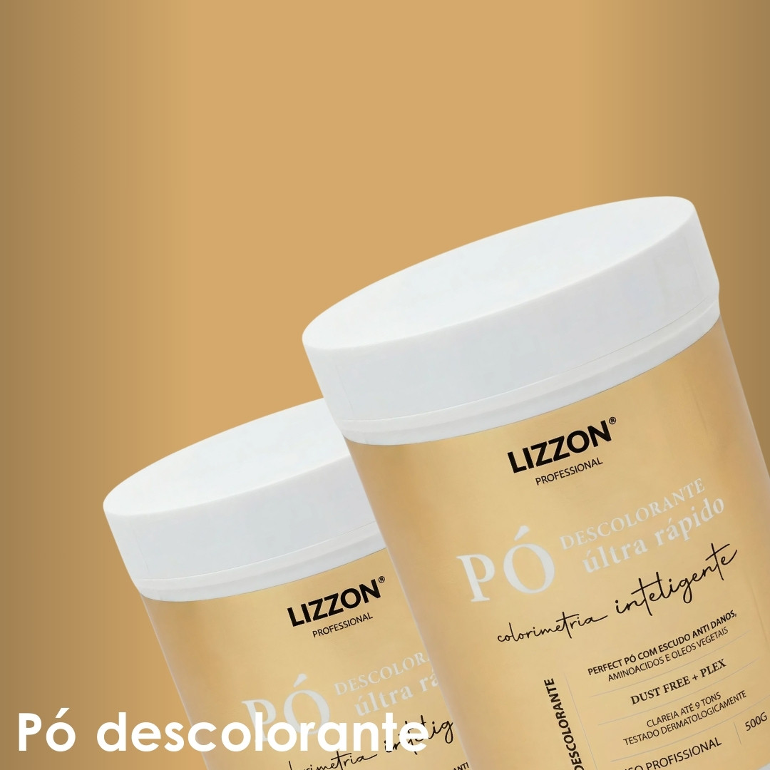 Dois recipientes cilíndricos de Lizzon Professional Pó Descolorante Ultra Rápido são mostrados contra um fundo sólido marrom claro. Os recipientes têm tampas brancas e rótulos dourados com texto em preto e branco.