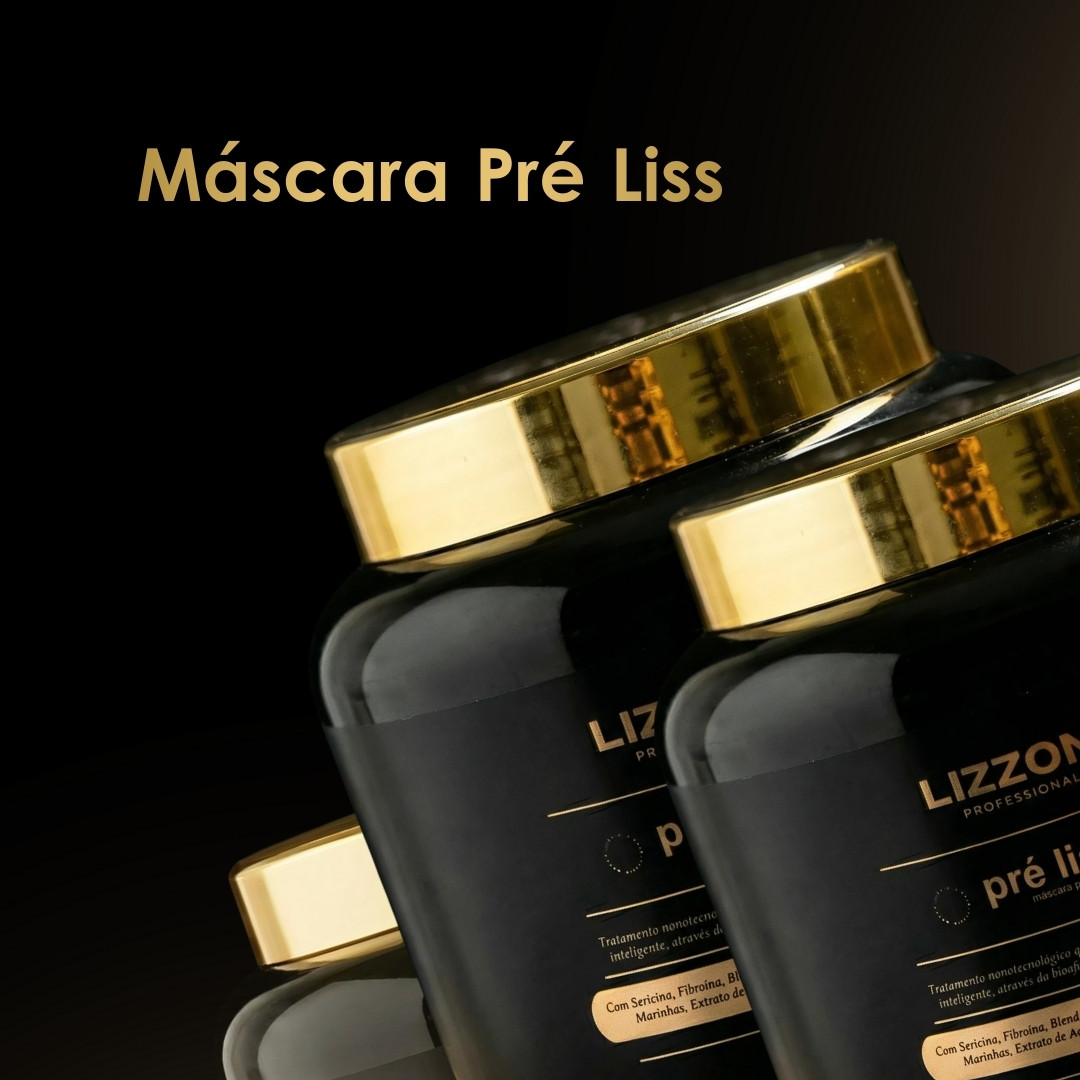 Dois frascos pretos com tampas douradas rotulados como Lizzon Pré Liss são mostrados em um fundo escuro. As palavras Máscara Pré Liss aparecem em dourado na parte superior. Os frascos estão parcialmente sobrepostos.