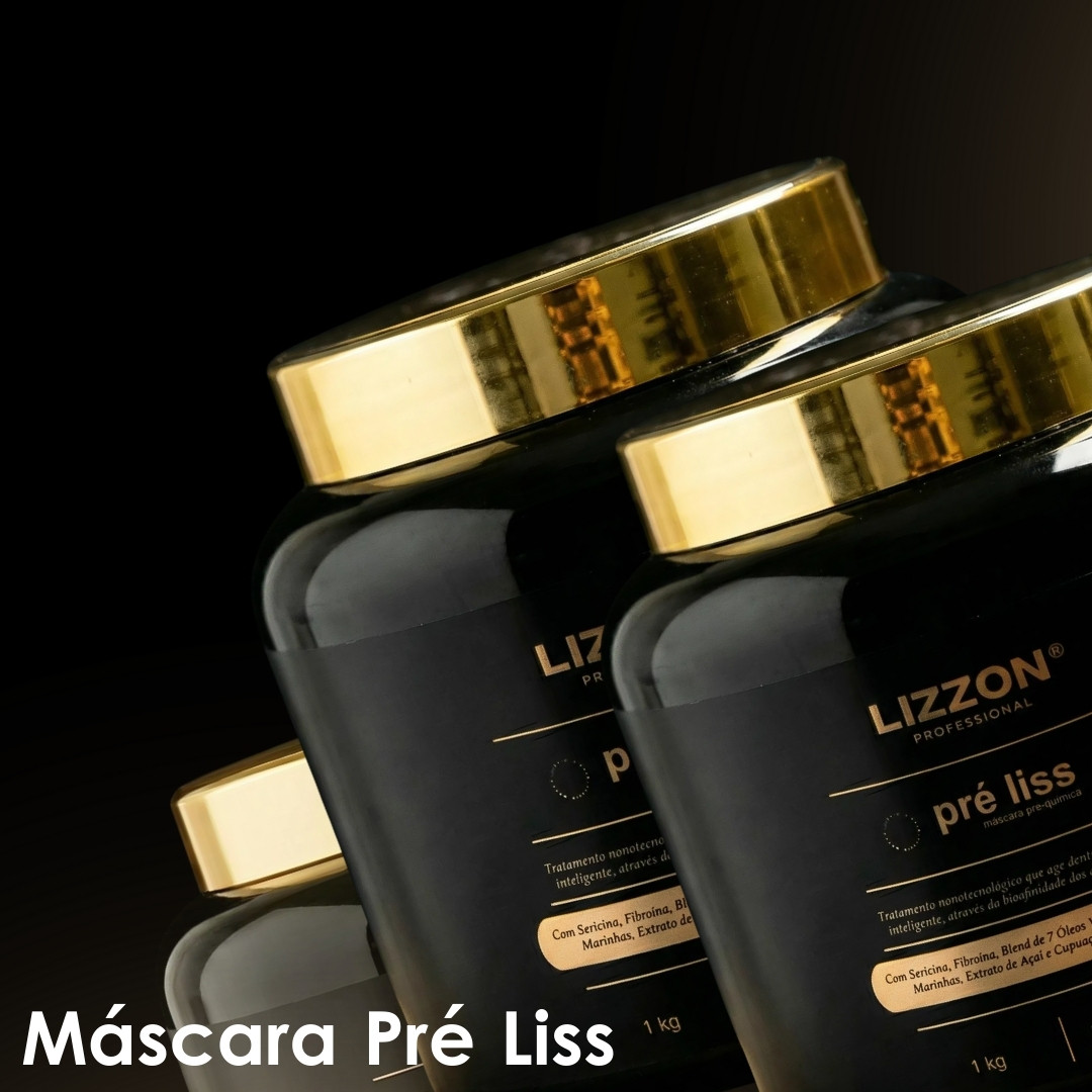Dois frascos pretos com tampas douradas com o rótulo Lizzon Professional Pré Liss são mostrados em um fundo preto. O texto Máscara Pré Liss aparece em branco na parte inferior esquerda da imagem.