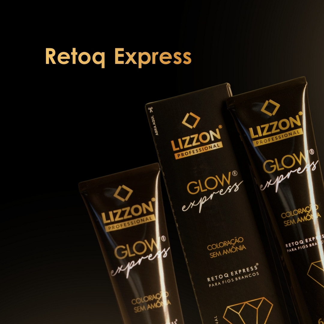 Três tubos e caixas pretos e dourados da coloração de cabelo Lizzon Professional Glow Express estão dispostos em um fundo escuro com o texto Retoq Express acima dos produtos.