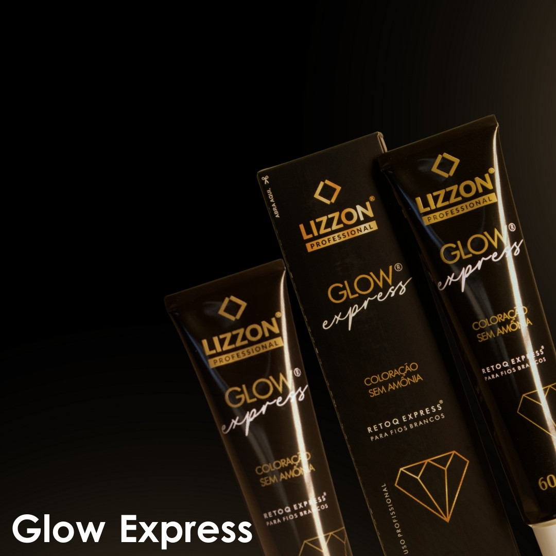 Três tubos pretos com o rótulo Lizzon Professional Glow Express em texto dourado são mostrados em um fundo preto. A embalagem apresenta um gráfico de diamante e um texto em português descrevendo o produto. Glow Express está escrito no canto inferior esquerdo.