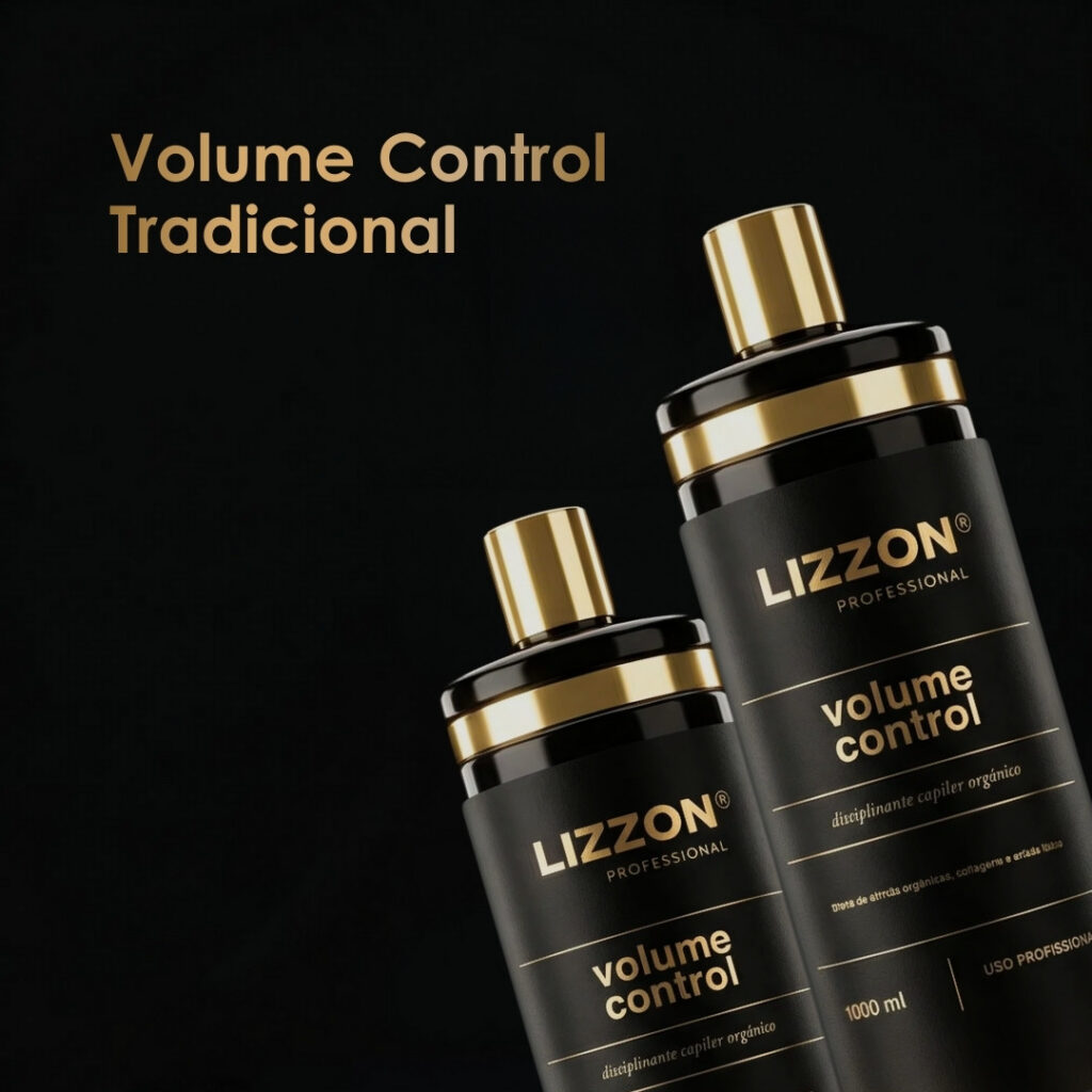 Dois frascos pretos e dourados com o rótulo Lizzon Professional Volume Control são exibidos em um fundo preto, com o texto Volume Control Tradicional em dourado no canto superior esquerdo.