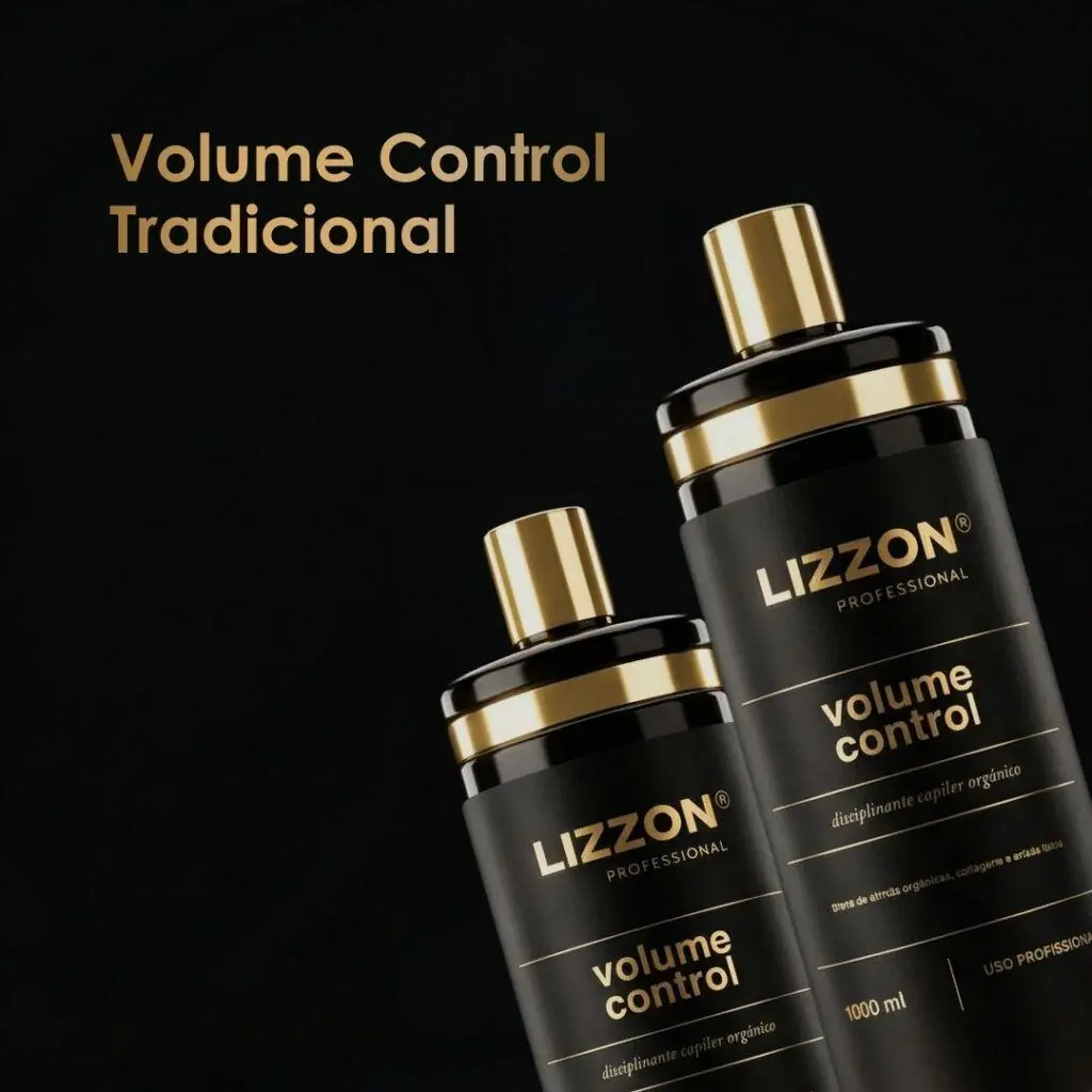 Dois frascos pretos e dourados com o rótulo Lizzon Professional Volume Control são exibidos em um fundo preto, com o texto Volume Control Tradicional em dourado no canto superior esquerdo.