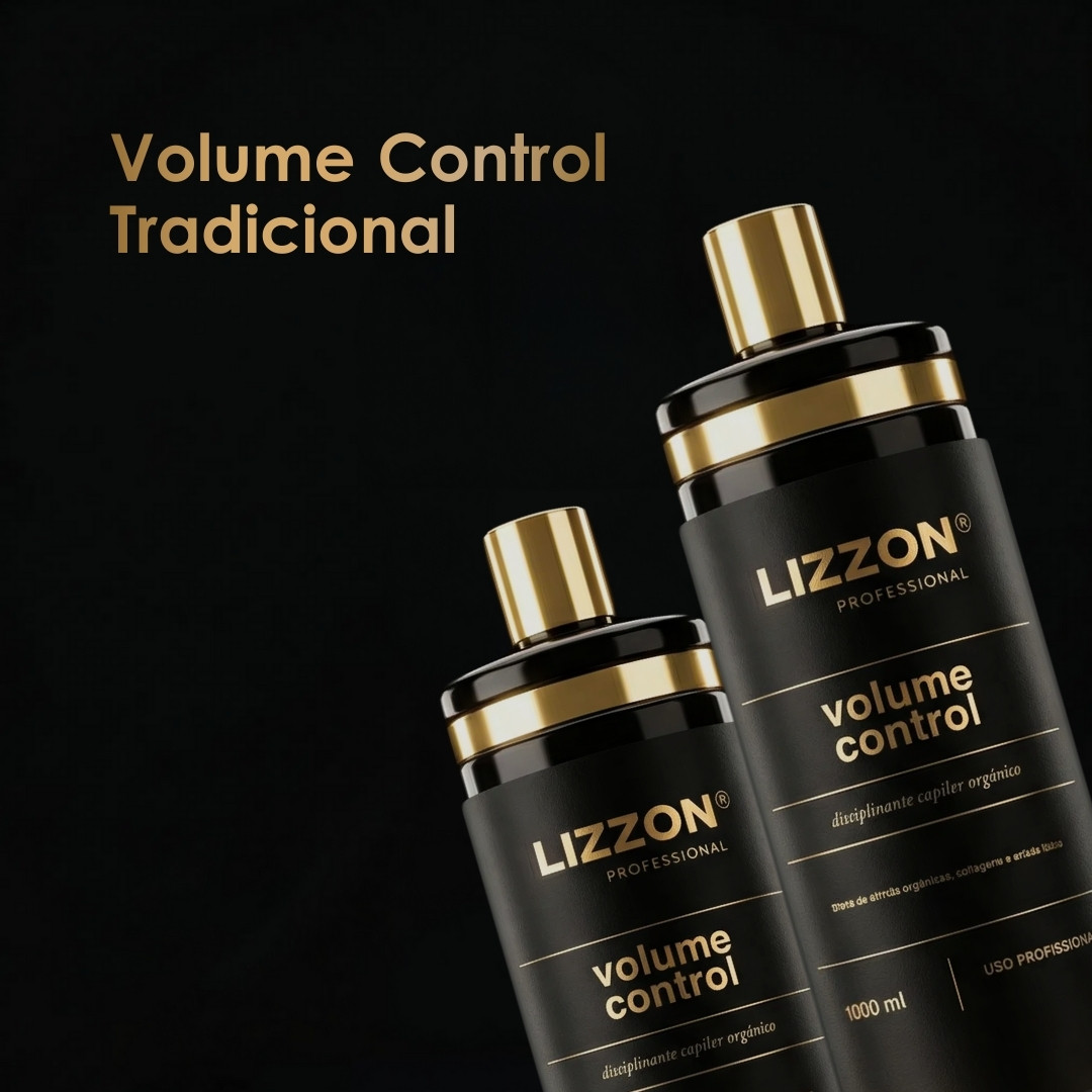 Dois frascos pretos e dourados com o rótulo Lizzon Professional Volume Control são exibidos em um fundo preto, com o texto Volume Control Tradicional em dourado no canto superior esquerdo.