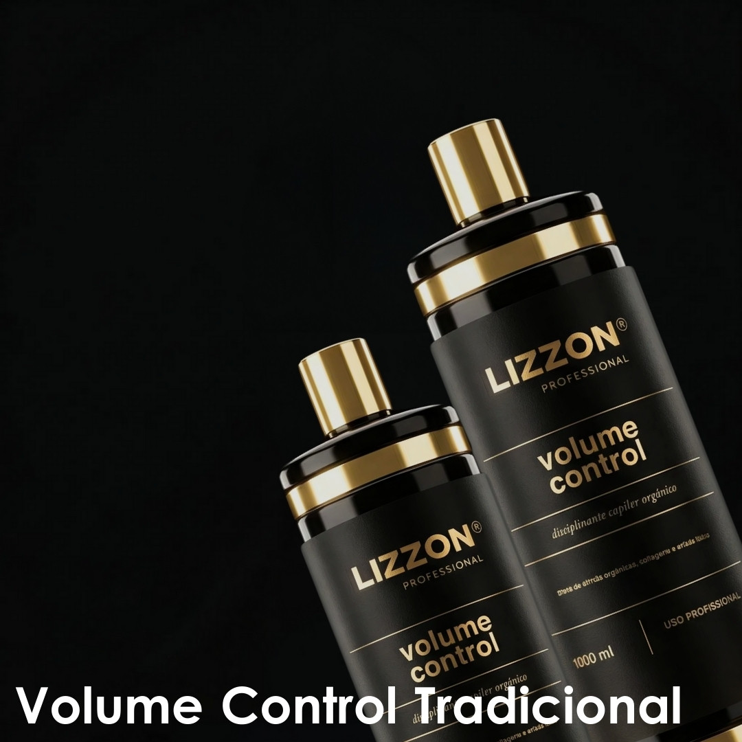 Dois frascos pretos e dourados com o rótulo Lizzon Professional Volume Control são mostrados em um fundo preto. Os frascos estão ligeiramente inclinados, e Volume Control Tradicional está escrito na parte inferior.