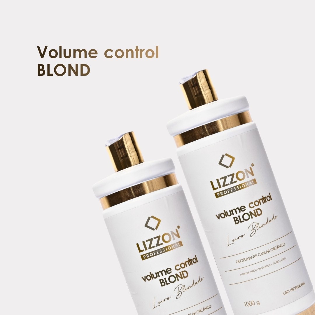 Dois frascos brancos e dourados do produto para cabelo Lizzon Professional Volume Control Blond são mostrados contra um fundo claro, com o texto Volume control BLOND exibido acima deles.