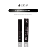 Dois tubos de sobrancelhas perfeitas estão na vertical em uma superfície refletora, com embalagem preta e texto branco. O logotipo da marca e o nome do produto aparecem acima dos produtos.