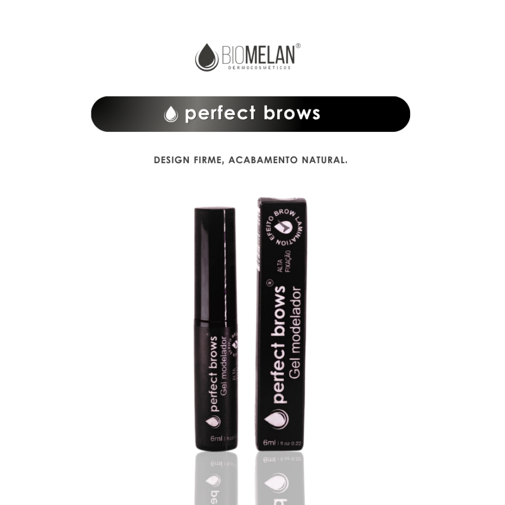 Dois tubos de sobrancelhas perfeitas estão na vertical em uma superfície refletora, com embalagem preta e texto branco. O logotipo da marca e o nome do produto aparecem acima dos produtos.