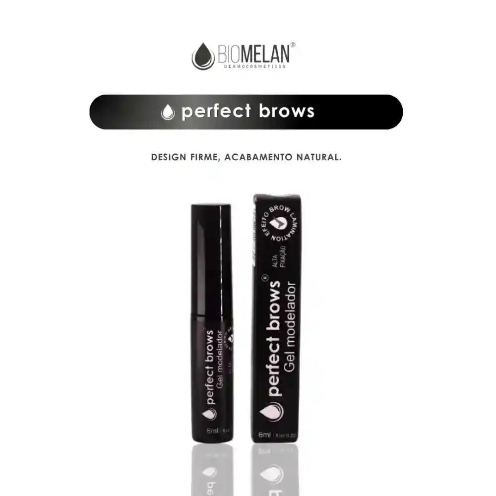 Dois tubos de sobrancelhas perfeitas estão na vertical em uma superfície refletora, com embalagem preta e texto branco. O logotipo da marca e o nome do produto aparecem acima dos produtos.