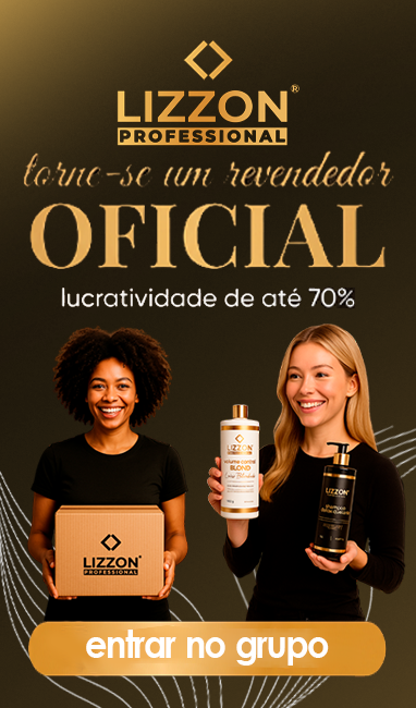 Anúncio da Lizzon Professional mostrando duas mulheres sorrindo; uma segura uma caixa da Lizzon, a outra exibe produtos da Lizzon. Texto: "torne-se um revendedor OFICIAL LIZZON, lucratividade de até 70%, entre no grupo.
