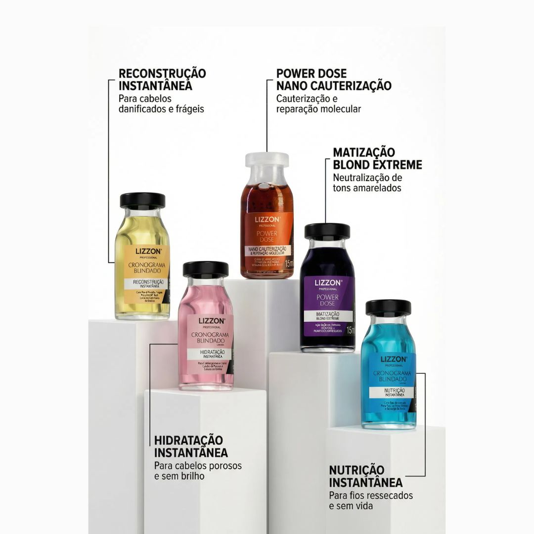 Cinco frascos de tratamentos capilares Kit Power Dose em cores diferentes são exibidos em pedestais brancos, cada um rotulado para reconstrução instantânea, hidratação, nutrição, nano cauterização ou tonalização do loiro.