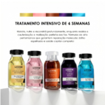 Cinco pequenos frascos do Kit Power Dose são exibidos em uma fileira. O texto acima descreve um tratamento intensivo de quatro semanas para reparo dos cabelos, oferecendo hidratação, nutrição e brilho restaurado.