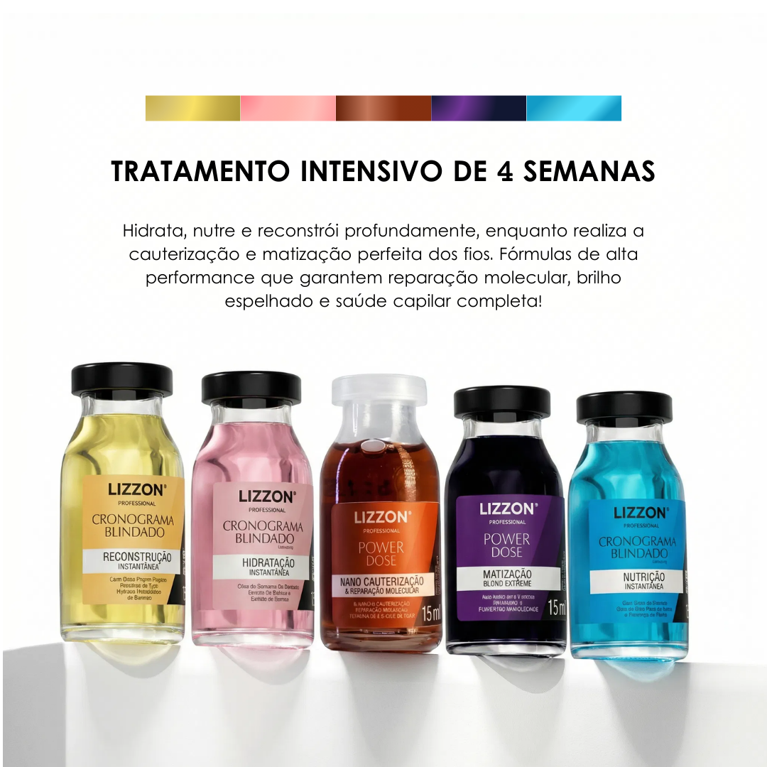 Cinco pequenos frascos do Kit Power Dose são exibidos em uma fileira. O texto acima descreve um tratamento intensivo de quatro semanas para reparo dos cabelos, oferecendo hidratação, nutrição e brilho restaurado.