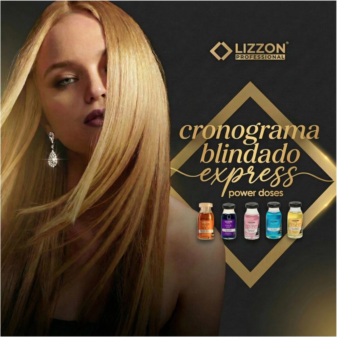 Uma mulher de cabelos loiros longos e lisos aparece ao lado de cinco frascos de Kit Power Dose Cronograma Blindado. O texto diz 