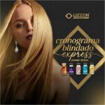 Uma mulher de cabelos loiros longos e lisos aparece ao lado de cinco frascos de Kit Power Dose Cronograma Blindado. O texto diz 