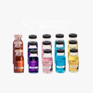 Um conjunto de três pequenos frascos Lizzon com tampas pretas, cada um com um líquido de cor diferente, dispostos em fileiras em um fundo branco; rotulado em português como Kit Power Dose Cronograma Blindado (Combo 3 unidades).