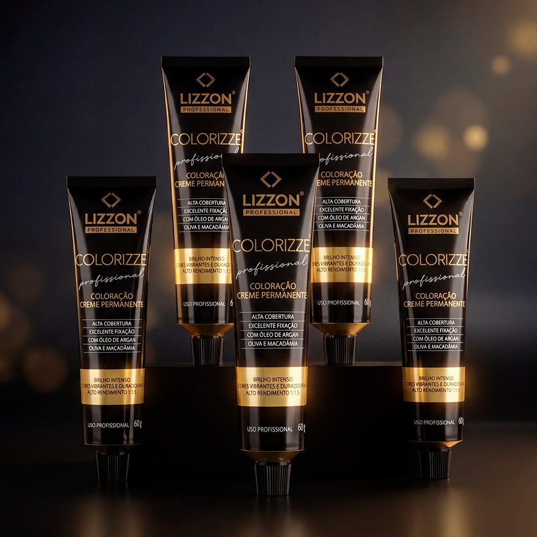 Cinco tubos de Colorizze: Coloração Creme Permanente (combo 5 unidades) com OX Emulsão 20vol 900ml estão dispostos na vertical em uma superfície escura contra um fundo quente e suavemente iluminado.