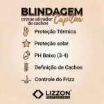Gráfico informativo mostrando os benefícios do Creme Ativador de Cachos: Leave In Blindagem Capilar 300ml - proteção térmica e solar, pH baixo (3-4), definição dos cachos e controle do frizz - com ícones correspondentes.