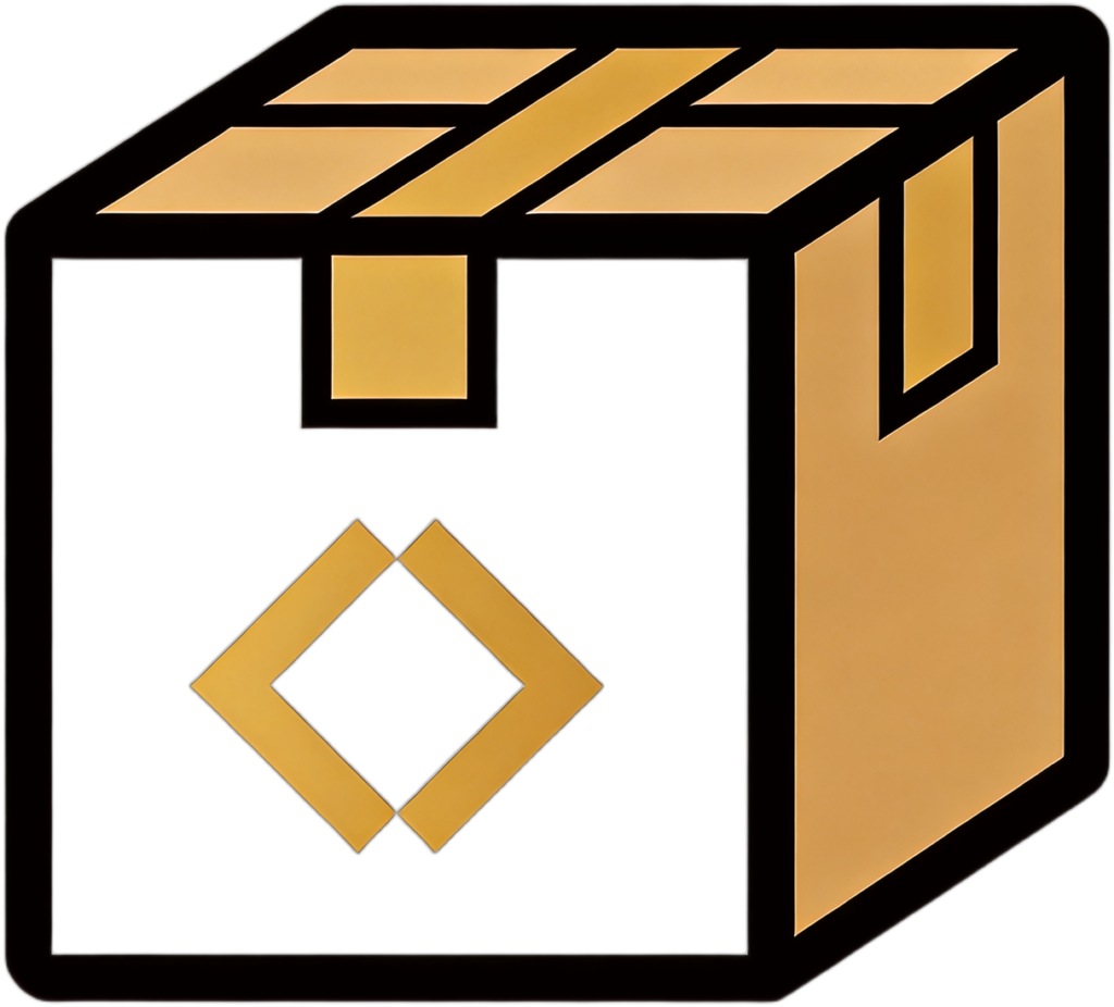 Uma ilustração simples de uma caixa de papelão com um símbolo em forma de diamante na frente e costuras coladas na parte superior e lateral. A caixa é contornada em preto.