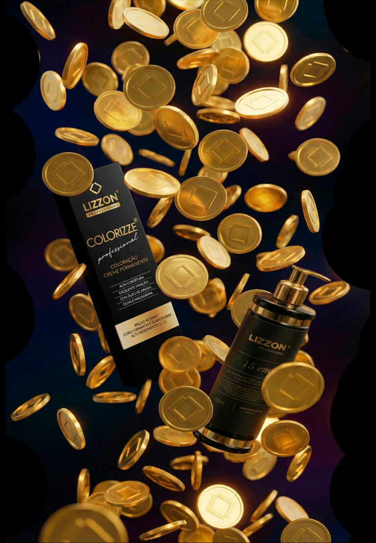 Um frasco e uma caixa do creme de perfume Lizzon Colorize estão rodeados por várias moedas de ouro caindo sobre um fundo escuro.