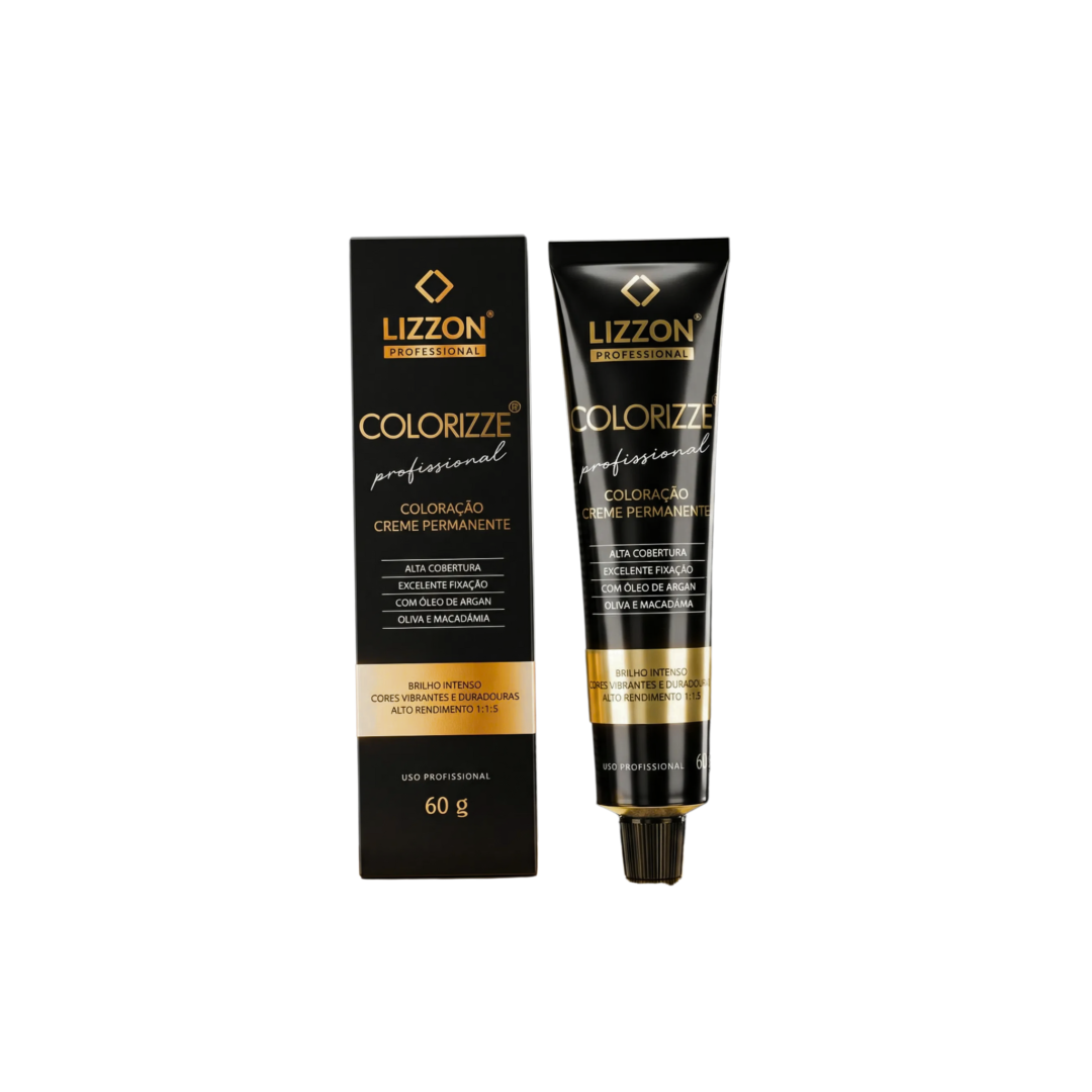 Um tubo preto de Colorizze: Coloração Creme Permanente está ao lado de sua caixa preta correspondente, ambas com texto dourado e branco com detalhes do produto em português.