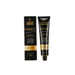 Um tubo preto de Colorizze: Coloração Creme Permanente está ao lado de sua caixa preta correspondente, ambas com texto dourado e branco com detalhes do produto em português.