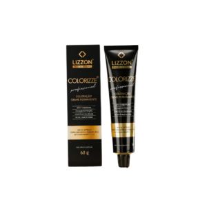 Um tubo preto de Colorizze: Coloração Creme Permanente está ao lado de sua caixa preta correspondente, ambas com texto dourado e branco com detalhes do produto em português.