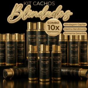 Vários frascos pretos e dourados do kit cachos blindados (homecare) 10 unidades são exibidos. O texto acima diz Kit Cachos Blindados (homecare) e destaca: Blindagem Capilar, Máximo Rendimento, Economia Garantida.