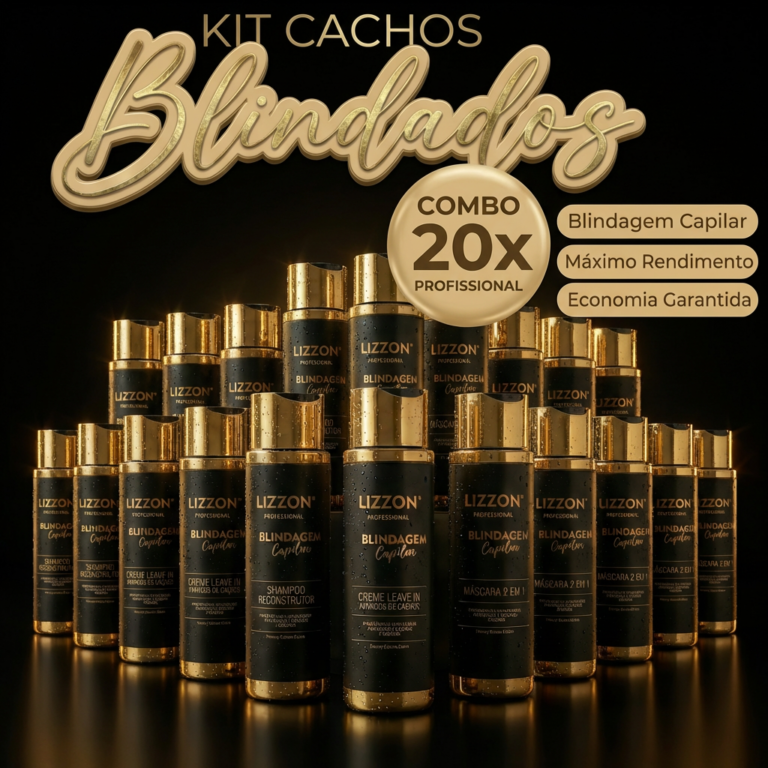 Um mostruário do Kit Cachos Blindados (homecare) 10 unidades (cópia) em embalagens douradas e pretas, oferecendo um combo profissional 20x para proteção de cabelos cacheados, desempenho máximo e economia garantida.