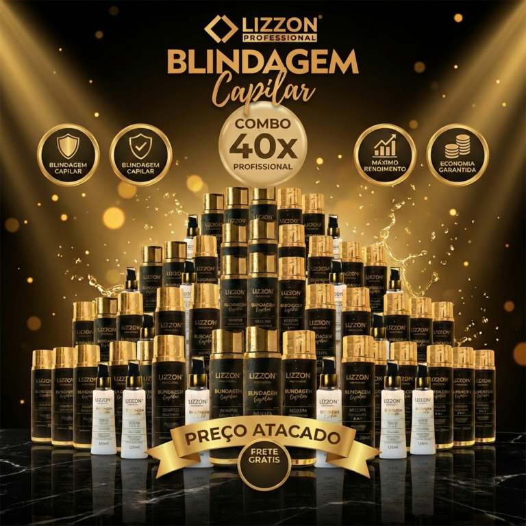 Uma exibição de frascos de Kit Homecare (Combo 40 unidades) dispostos em uma pirâmide, com a marca dourada e preta. A promoção inclui uso profissional, preço de atacado e frete grátis.