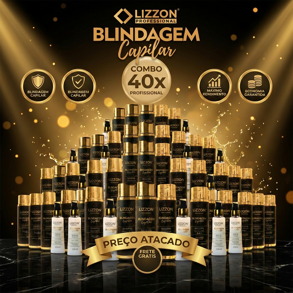 Uma exibição de frascos de Kit Homecare (Combo 40 unidades) dispostos em uma pirâmide, com a marca dourada e preta. A promoção inclui uso profissional, preço de atacado e frete grátis.